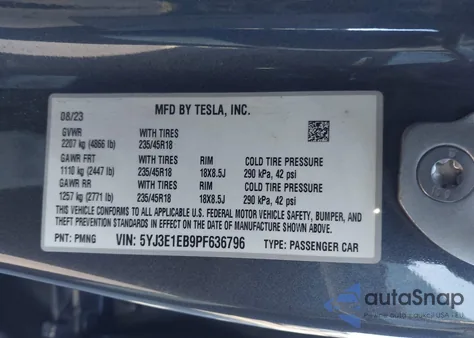 2023 Tesla Model 3 Long Range Dual Motor All-Wheel Drive z USA, uszkodzony, nr VIN 5YJ3E1EB9PF636796